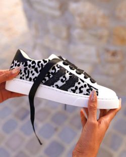 Sneakers – Femme – Imprimé Léopard – Blanche Et Noire